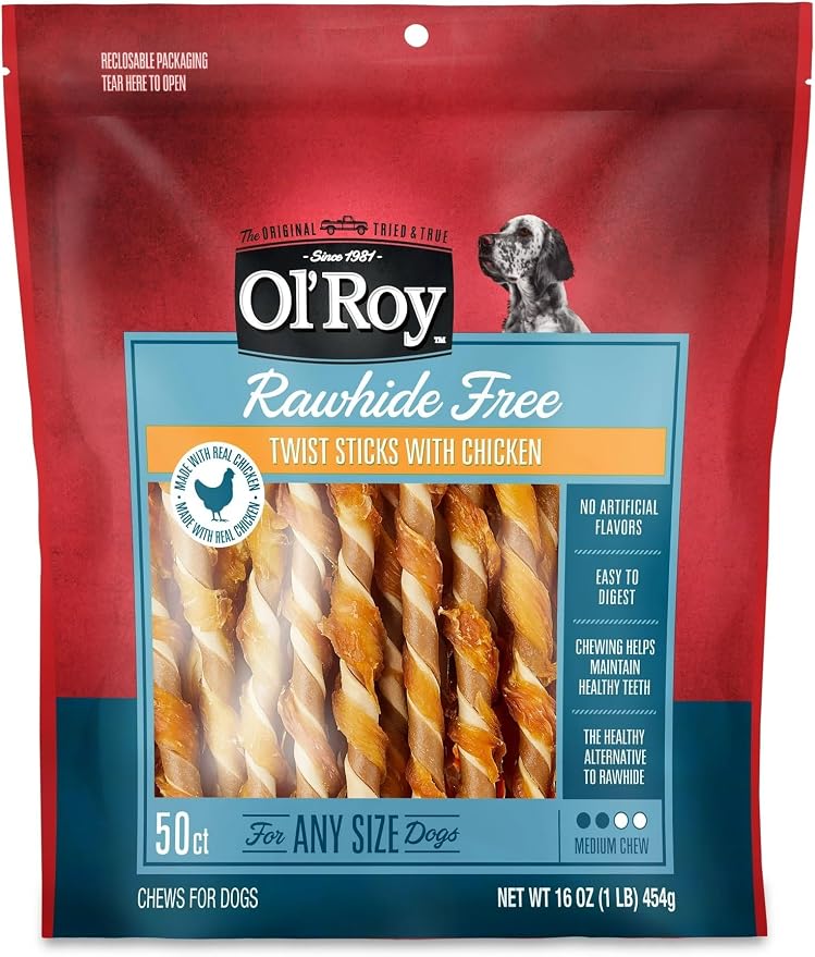 Ol' Roy Rawhide Free Twist Sticks with Chicken Dog Treats, 16 oz, 50 Count