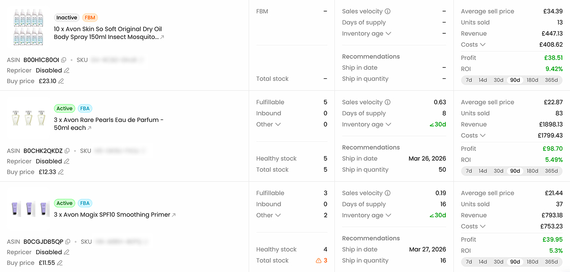Gestor de inventario de Arbitrage Hero con COGS, tarifas y rentabilidad por producto