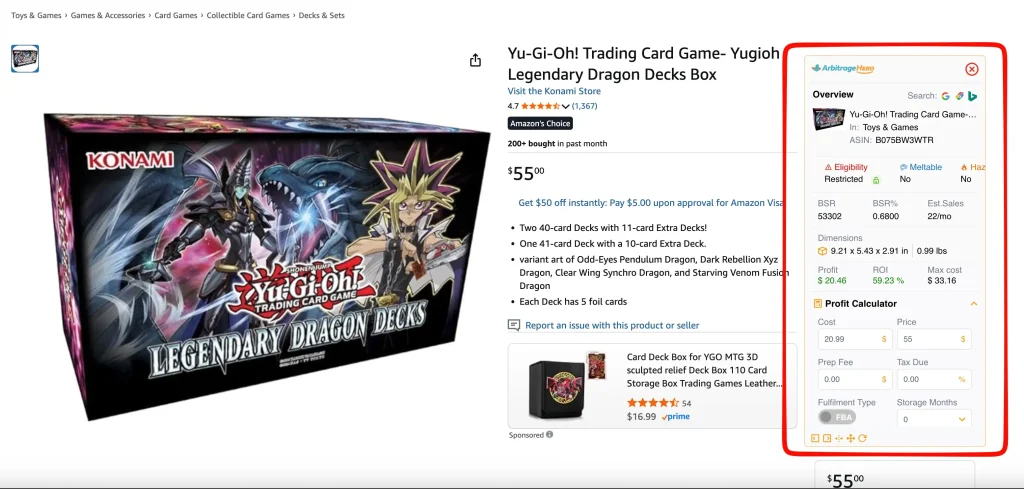 Extensión de Chrome de Arbitrage Hero abierta en un listing de Amazon para validar la rentabilidad