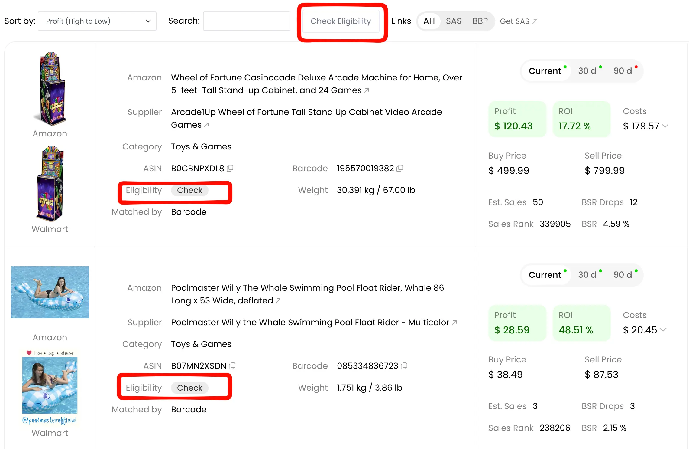 Opción de comprobación de elegibilidad en Amazon FBA Online Arbitrage para comprobaciones individuales y masivas