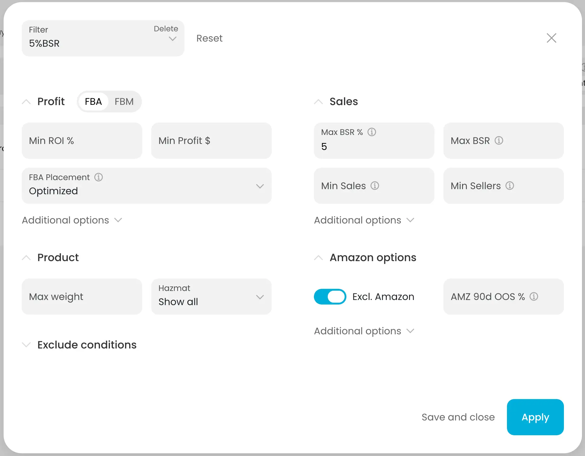 Panel de filtros de Online Arbitrage mostrando ROI, beneficio, sales rank y opciones de presets guardados