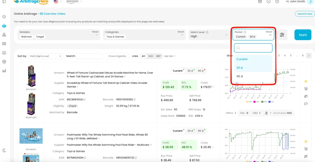 Selector de periodos de rentabilidad mostrando Actual, 30d y 90d en Amazon Online Arbitrage