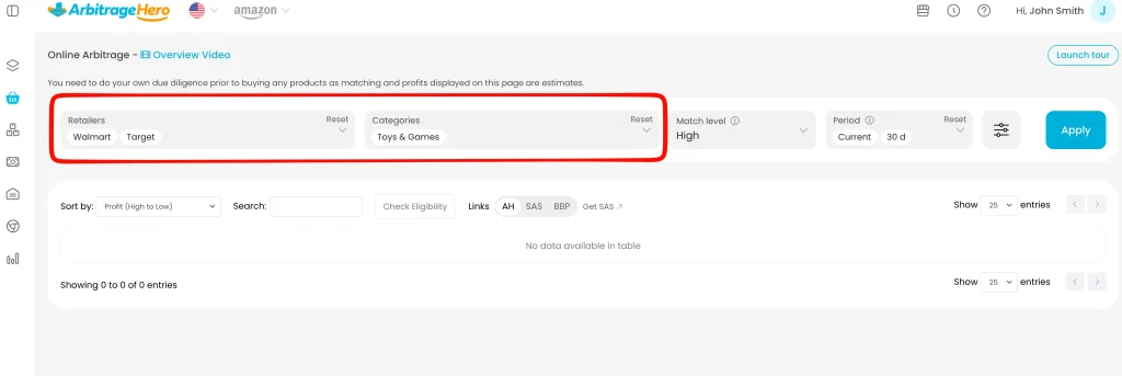 Online Arbitrage configurado con las tiendas Walmart y Target y la categoría Toys and Games